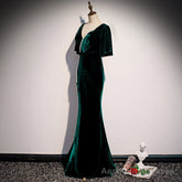 Dark Green Velvet Mermaid Slit V-neckline Formal Dress Party Dress, Long Evening Dresses
